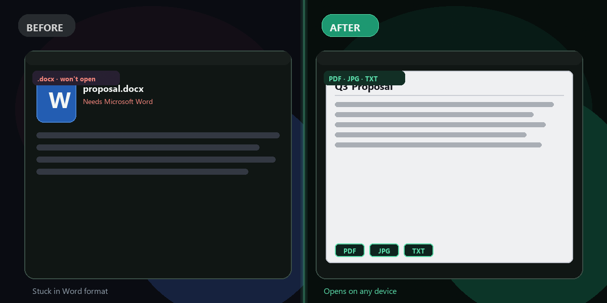 Word conversion before and after — locked .docx converted to PDF, JPG, and TXT