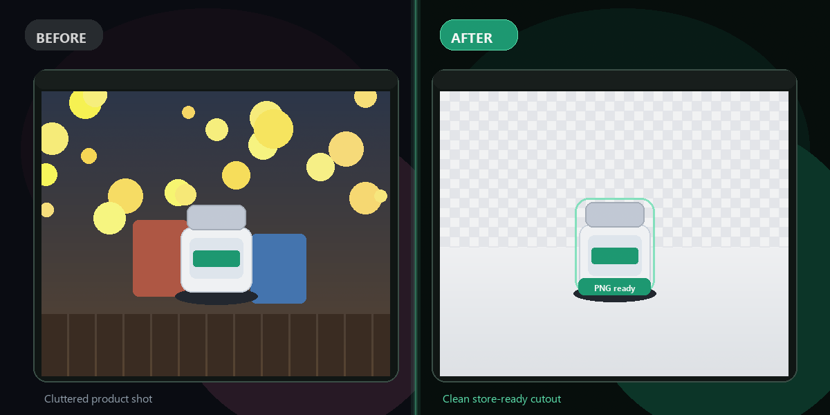 Background removal before and after — cluttered background replaced with transparent PNG