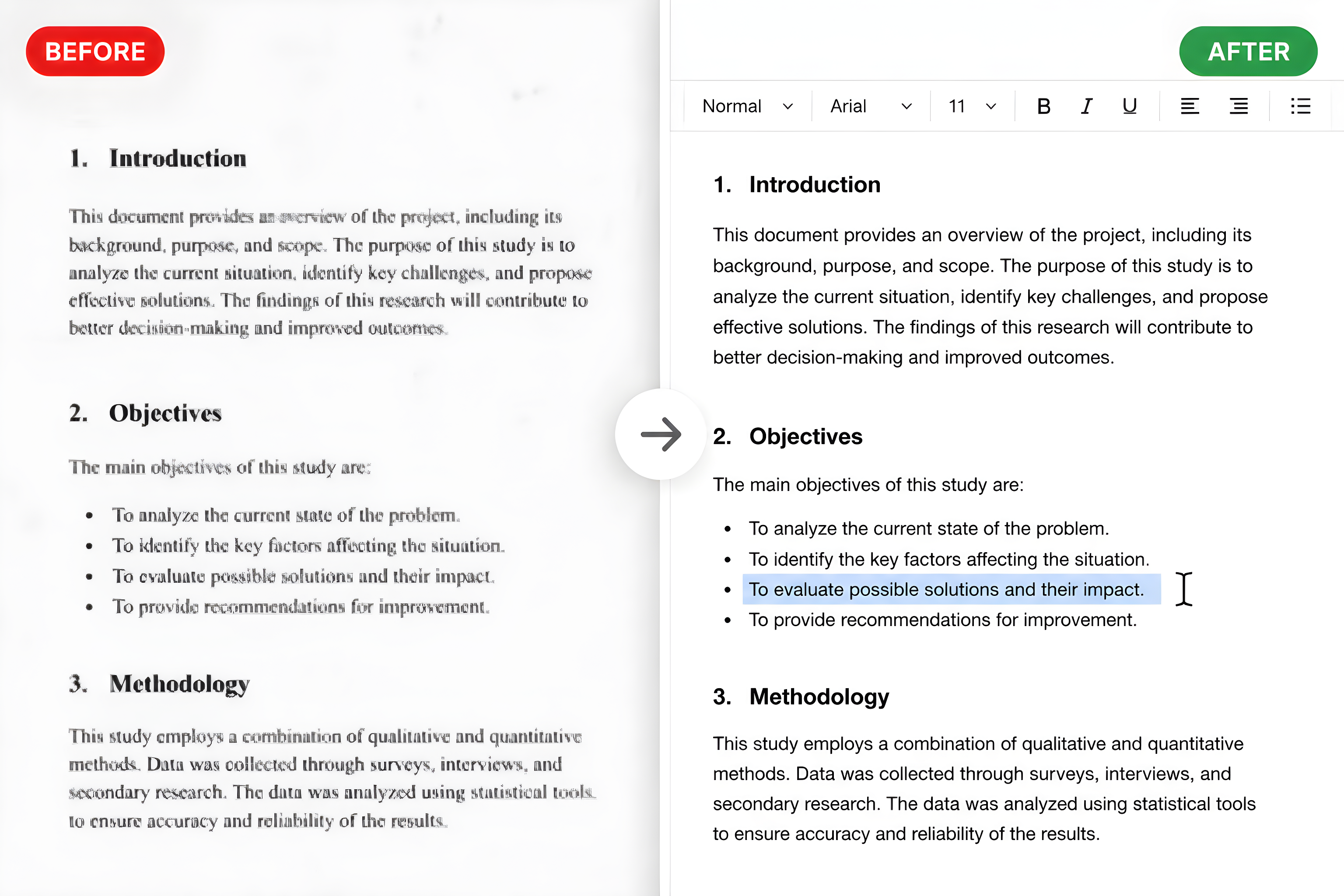 PDF to text before and after